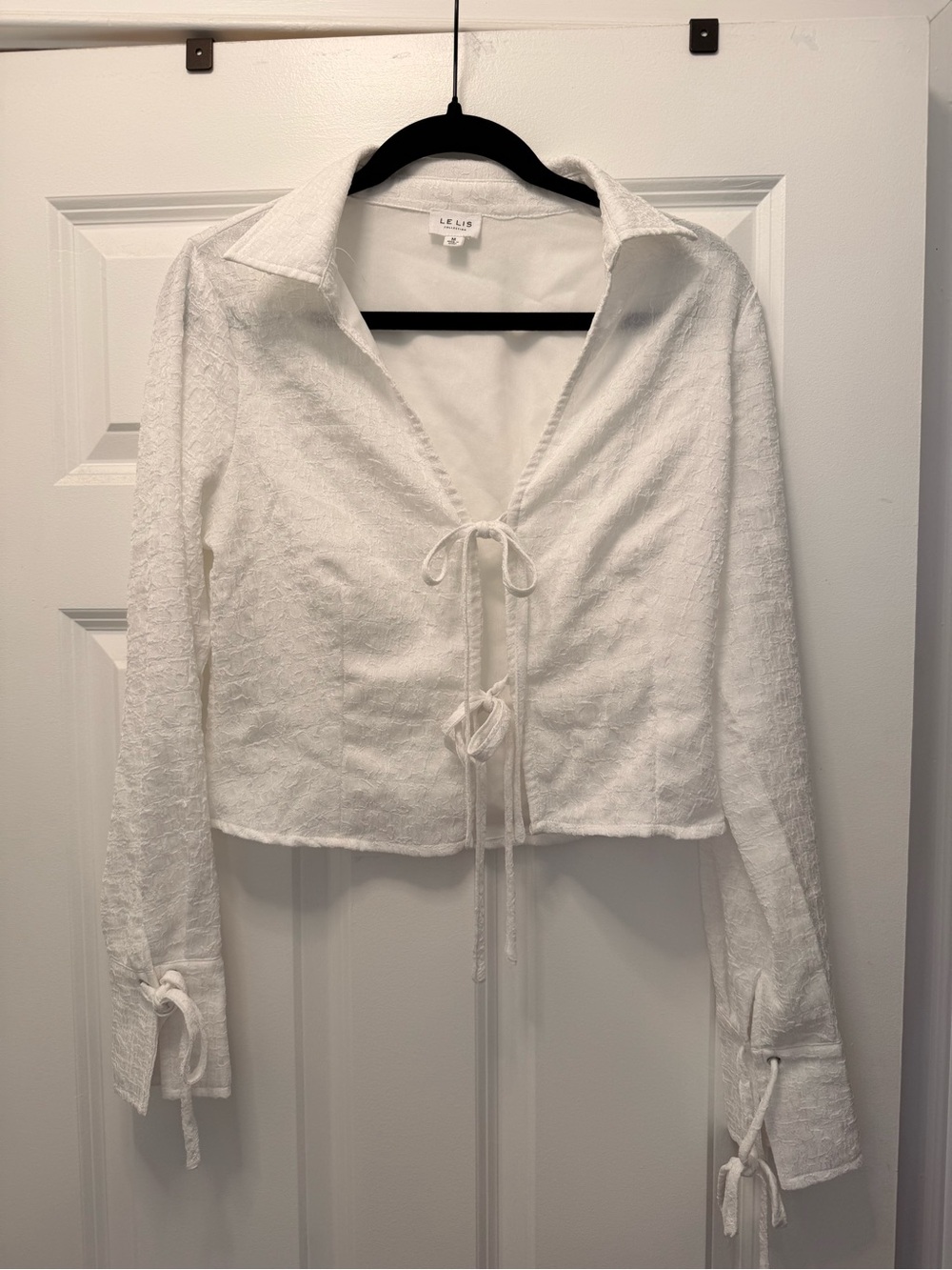 White Tie-Front Textured Long-Sleeve Top